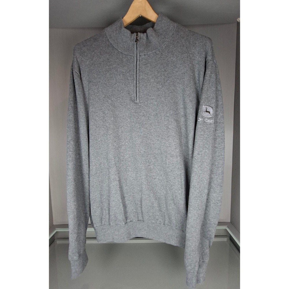 Oxford John Deere Mens Quarter Zip Pullover Sweater Size L Gray Cotton Blend
